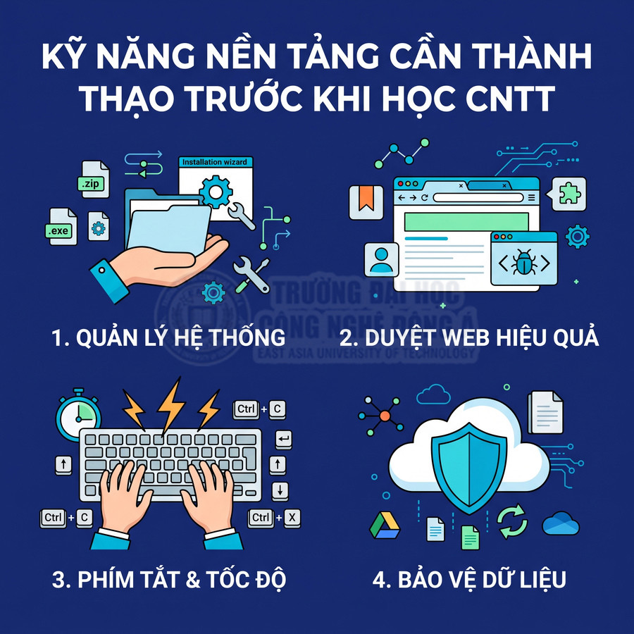 Kỹ năng nền tảng trước khi học CNTT gồm quản lý hệ thống, duyệt web, phím tắt tốc độ và bảo vệ dữ liệu