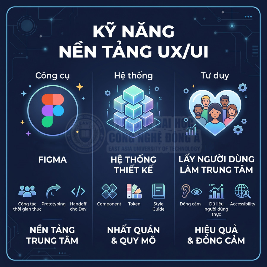 Infographic kỹ năng nền tảng UX UI với Figma, hệ thống thiết kế và tư duy lấy người dùng làm trung tâm