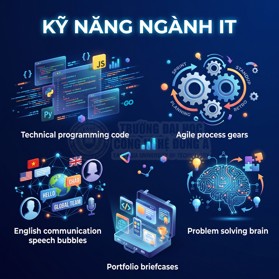 Kỹ năng ngành IT với lập trình, quy trình Agile, giao tiếp tiếng Anh, tư duy giải quyết vấn đề và portfolio dự án