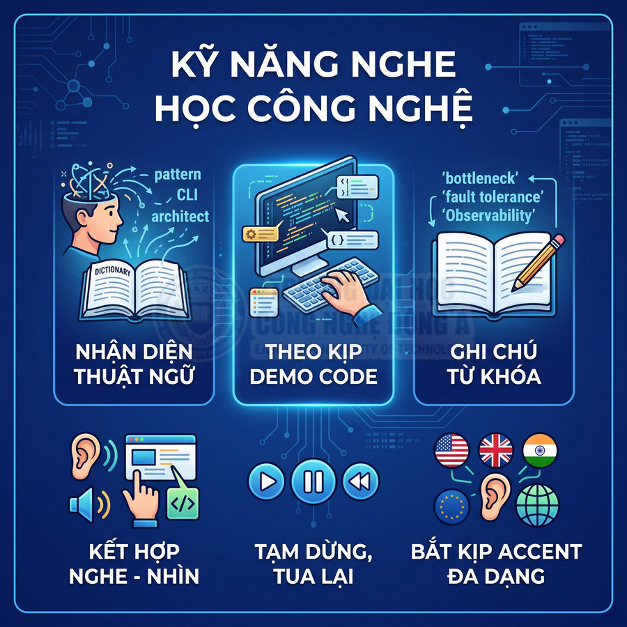 Infographic kỹ năng nghe khi học công nghệ với minh họa lập trình, ghi chú từ khóa và biểu tượng quốc kỳ đa dạng