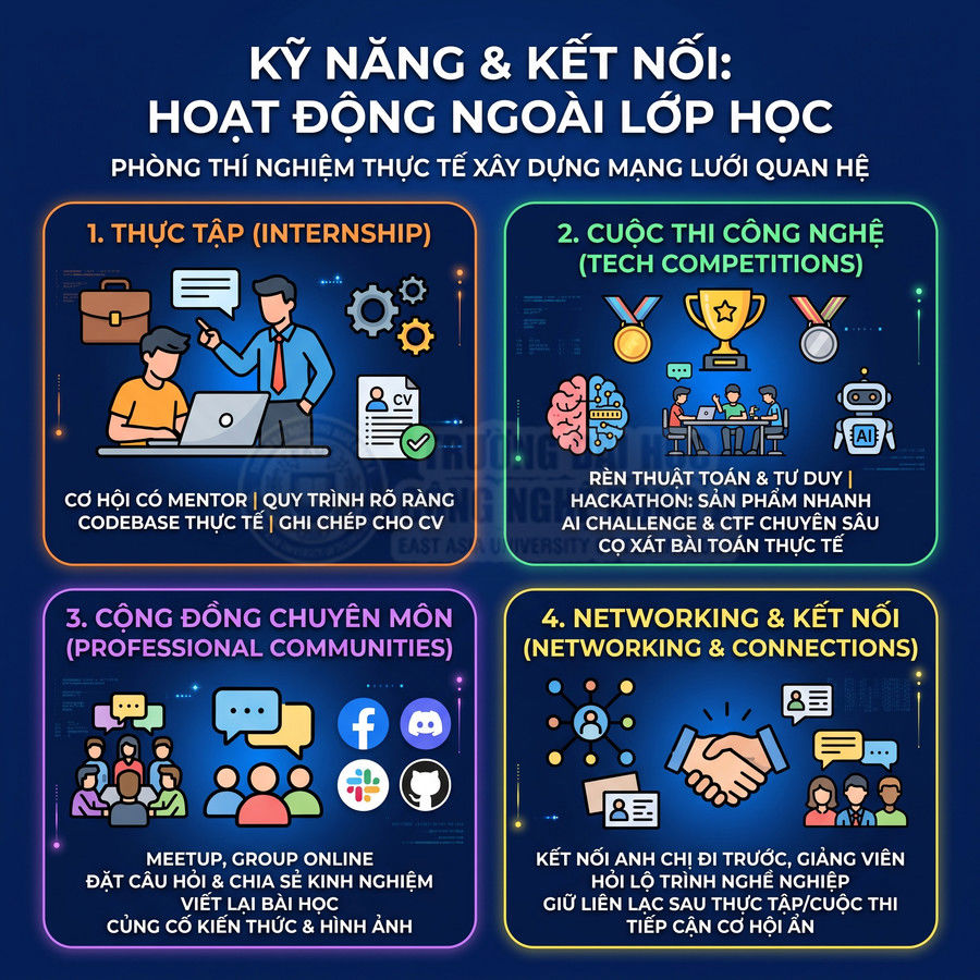 Infographic kỹ năng và kết nối cho sinh viên công nghệ với thực tập, cuộc thi, cộng đồng chuyên môn và networking
