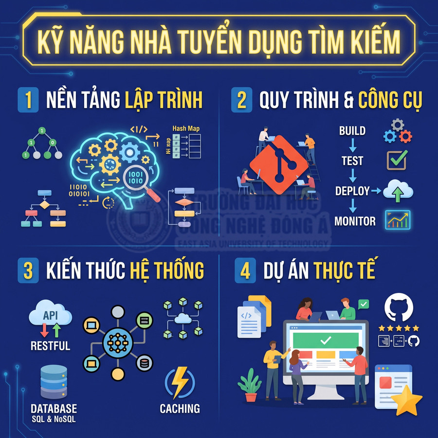 Infographic kỹ năng nhà tuyển dụng tìm kiếm cho lập trình viên: nền tảng lập trình, quy trình công cụ, kiến thức hệ thống, dự án thực tế