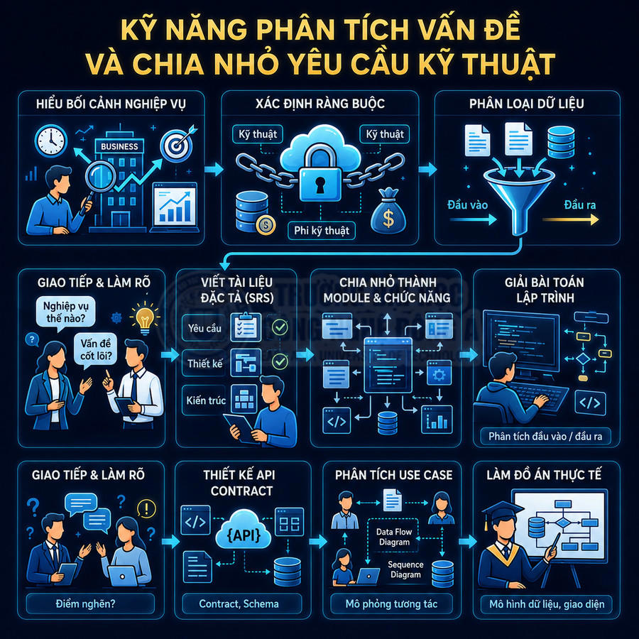 Infographic kỹ năng phân tích vấn đề và chia nhỏ yêu cầu kỹ thuật trong phát triển phần mềm