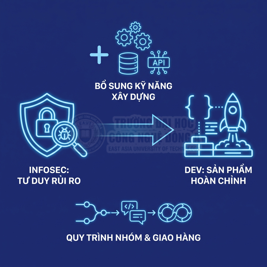Các kỹ năng phát triển phần mềm gồm tư duy rủi ro an ninh mạng, xây dựng sản phẩm và quy trình nhóm giao hàng.