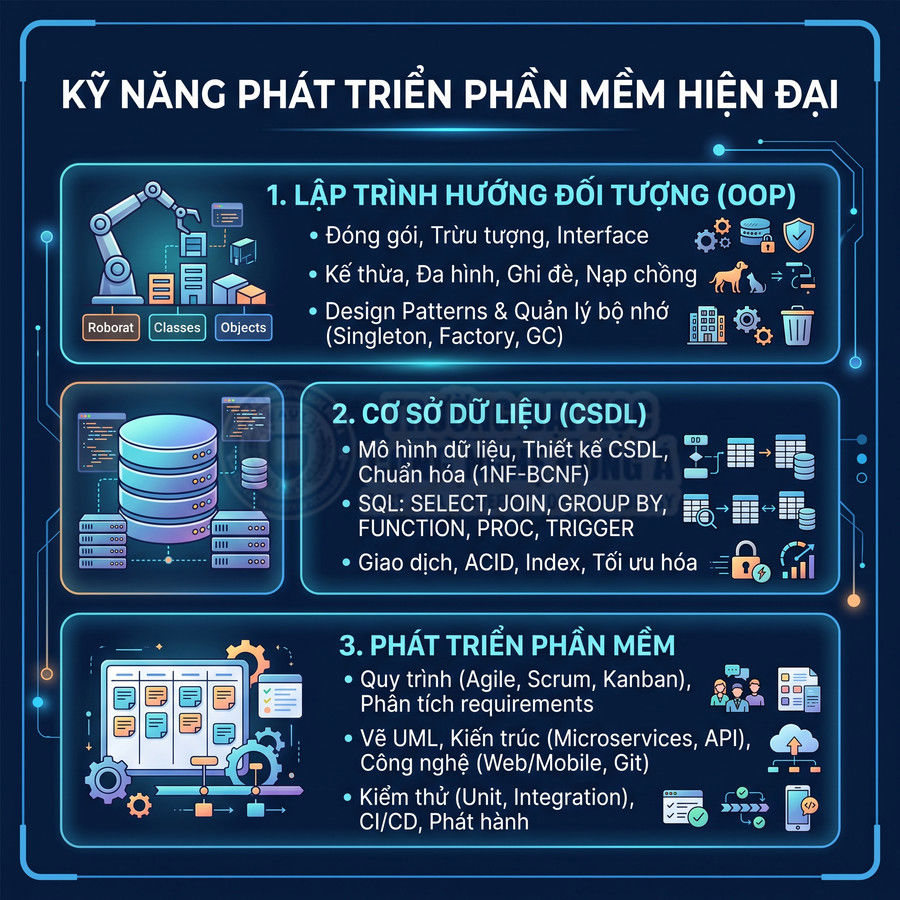 Infographic kỹ năng phát triển phần mềm hiện đại gồm OOP, cơ sở dữ liệu và quy trình phát triển phần mềm