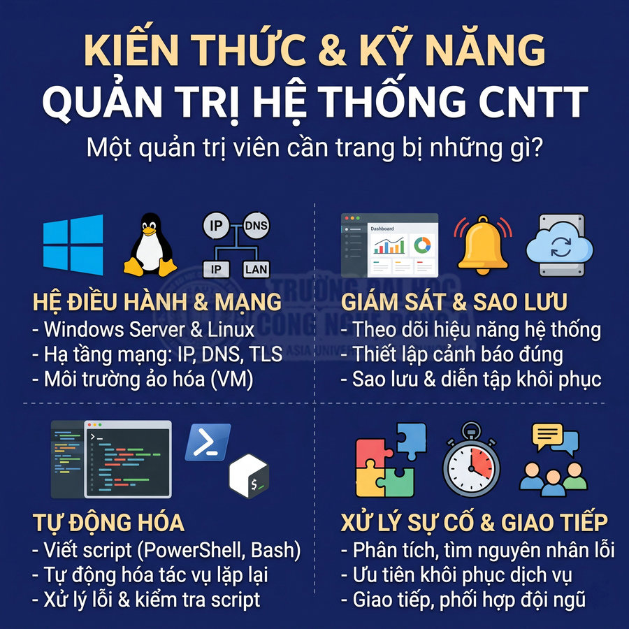 Kiến thức và kỹ năng quản trị hệ thống CNTT gồm hệ điều hành, mạng, giám sát, sao lưu, tự động hóa và xử lý sự cố