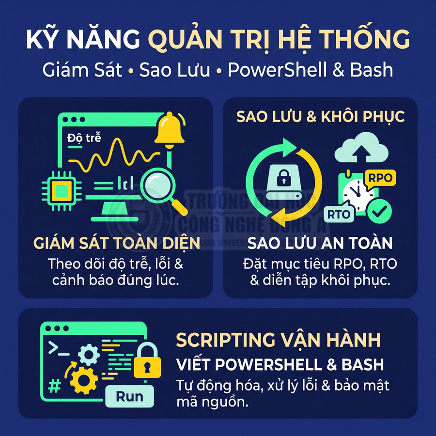 Kỹ năng quản trị hệ thống gồm giám sát, sao lưu và khôi phục, viết script PowerShell và Bash不中返
