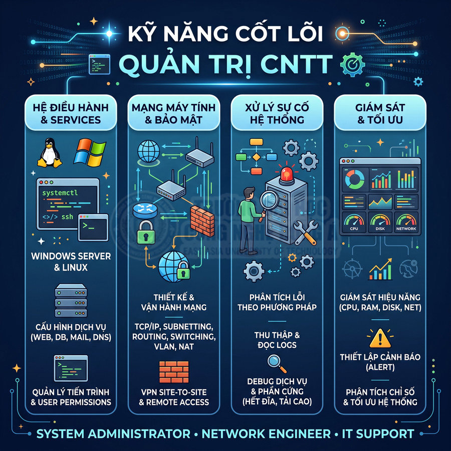 Infographic kỹ năng cốt lõi quản trị CNTT về hệ điều hành, mạng, xử lý sự cố, giám sát và tối ưu hệ thống