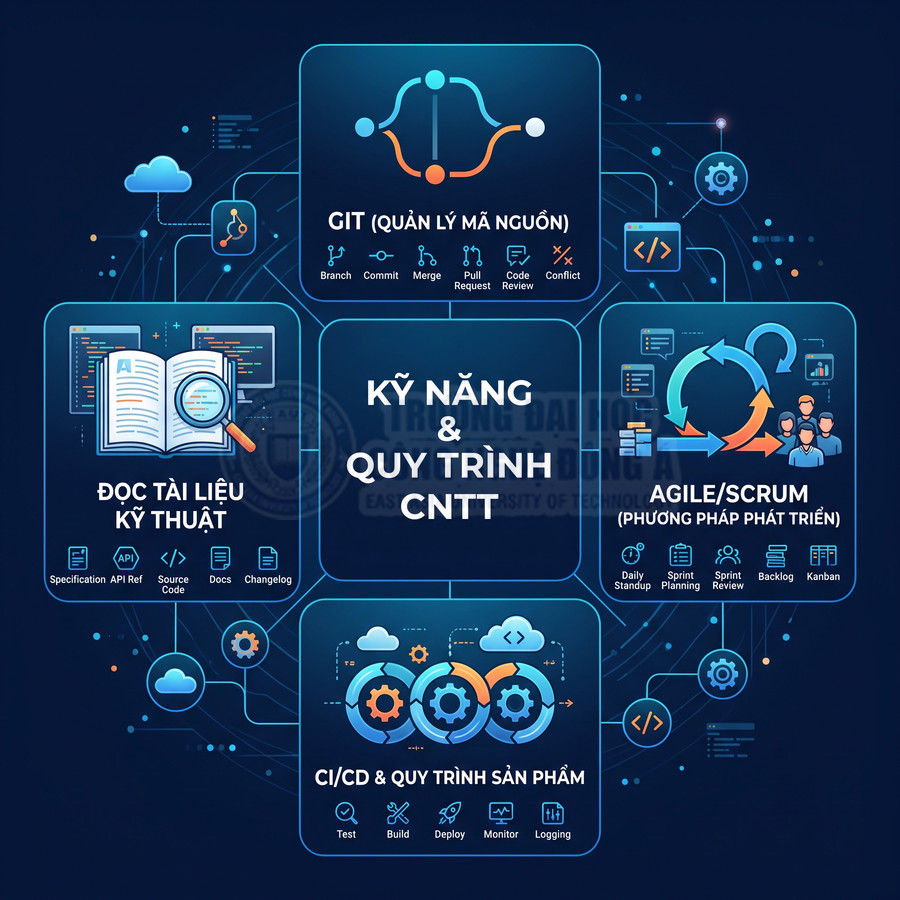 Mô tả kỹ năng và quy trình CNTT gồm Git, Agile Scrum, CI CD, đọc tài liệu kỹ thuật trên nền đồ họa hiện đại