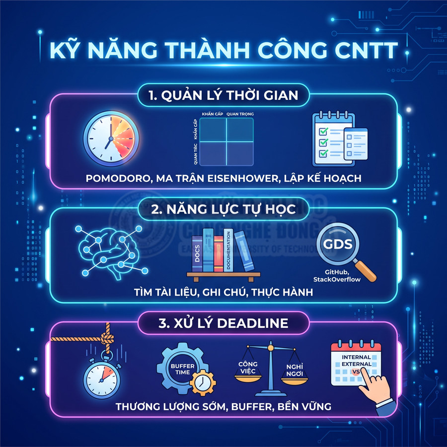 Kỹ năng thành công CNTT với quản lý thời gian, năng lực tự học và xử lý deadline minh họa bằng icon trực quan