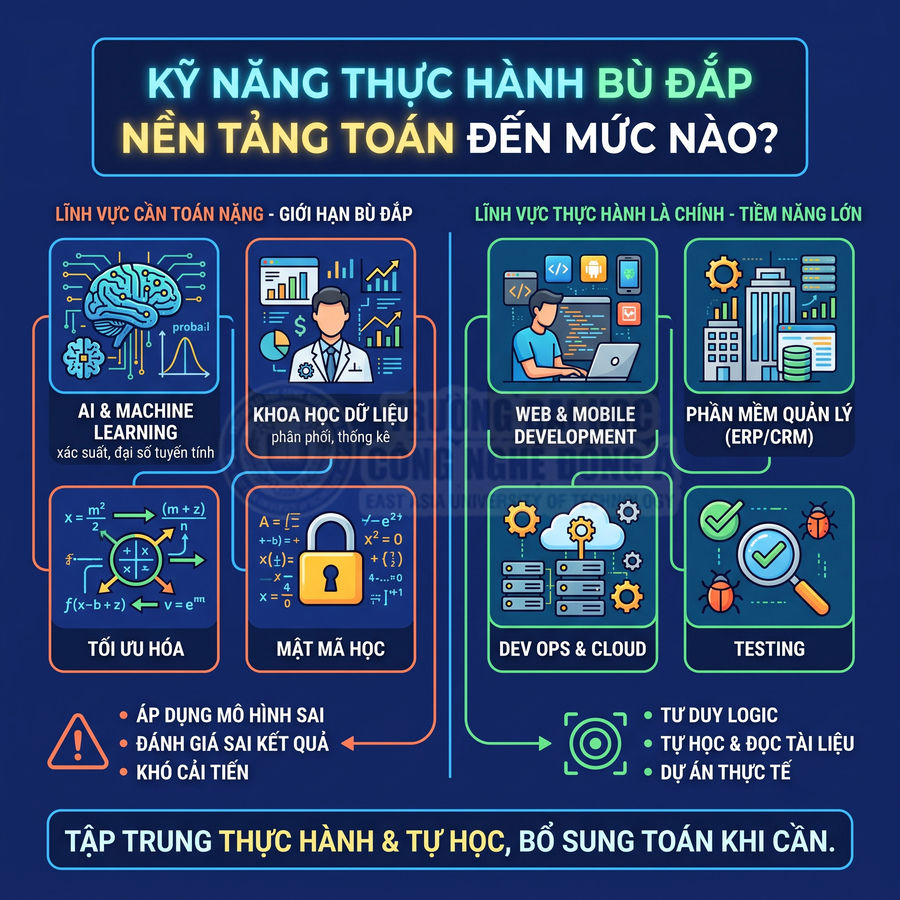 Infographic kỹ năng thực hành bù đắp nền tảng toán cho AI, khoa học dữ liệu, lập trình web mobile và devops