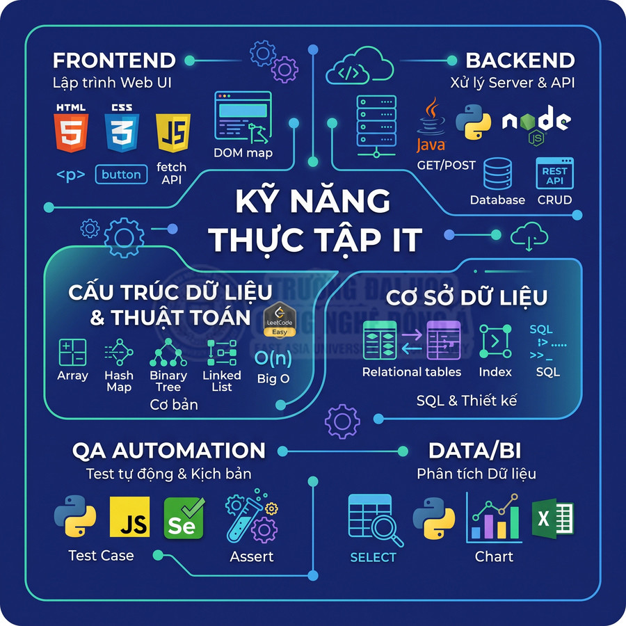 Tổng hợp kỹ năng thực tập IT gồm frontend, backend, cấu trúc dữ liệu, cơ sở dữ liệu, QA automation và data BI