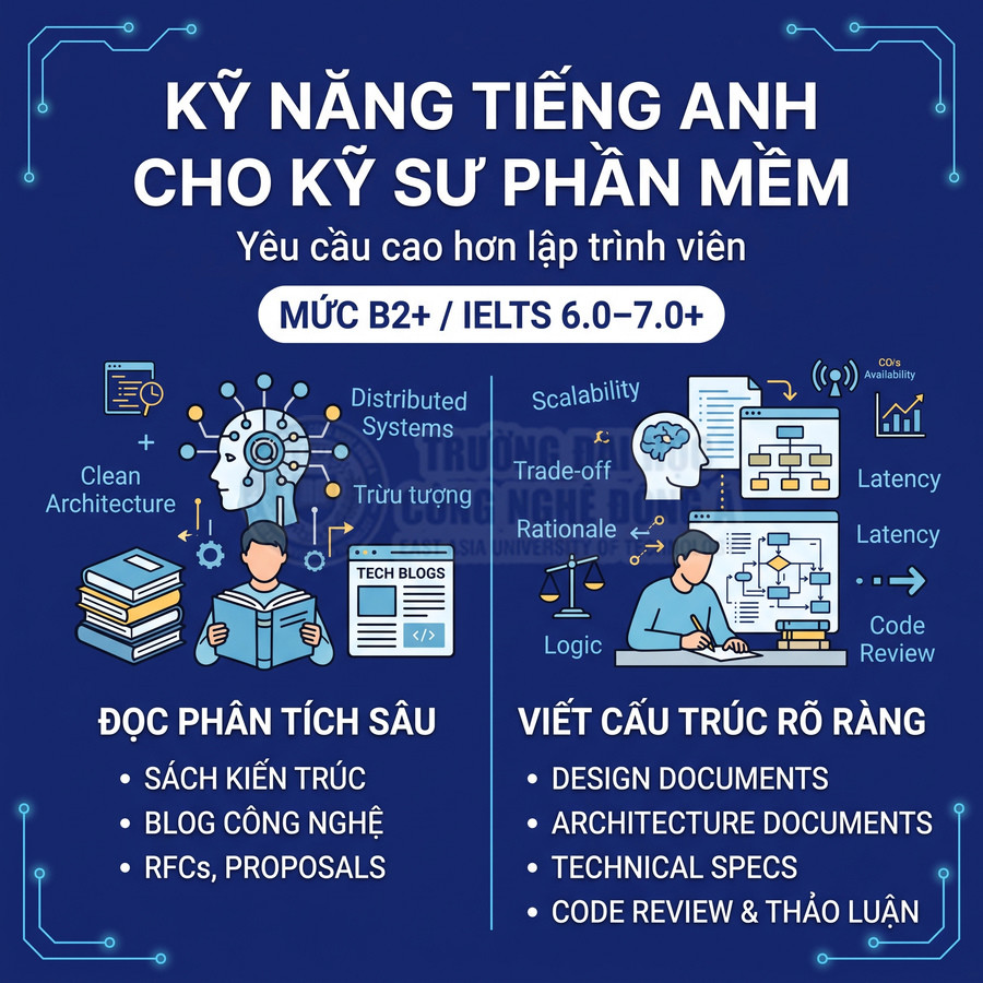 Kỹ năng tiếng Anh cho kỹ sư phần mềm mức B2+ IELTS 6.0–7.0 đọc phân tích sâu và viết cấu trúc rõ ràng