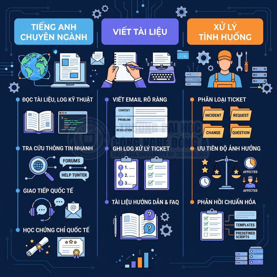 Infographic kỹ năng tiếng Anh chuyên ngành, viết tài liệu và xử lý tình huống cho nhân viên IT hỗ trợ kỹ thuật