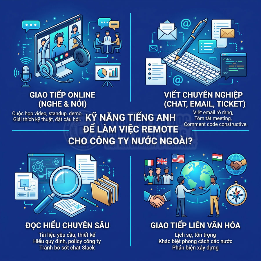 Infographic kỹ năng tiếng Anh để làm việc remote: giao tiếp online, viết chuyên nghiệp, đọc hiểu tài liệu, giao tiếp liên văn hóa