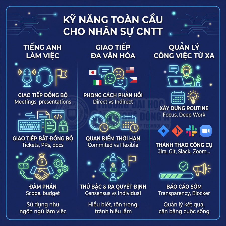 Kỹ năng toàn cầu cho nhân sự CNTT gồm tiếng Anh làm việc, giao tiếp đa văn hóa và quản lý công việc từ xa