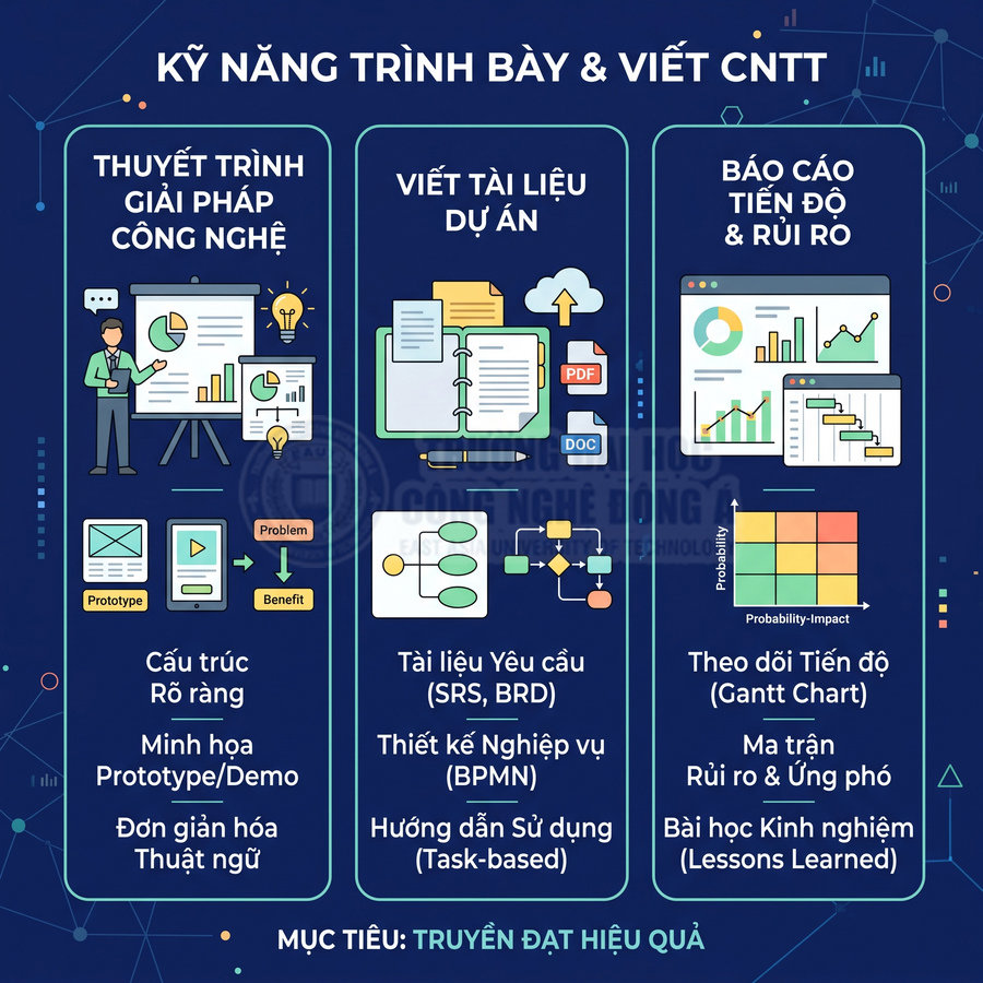 Infographic kỹ năng trình bày và viết CNTT với thuyết trình giải pháp, viết tài liệu dự án, báo cáo tiến độ rủi ro