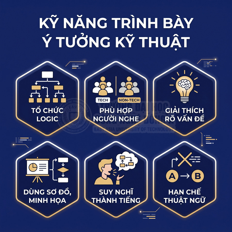 Kỹ năng trình bày ý tưởng kỹ thuật với 6 bước: tổ chức logic, phù hợp người nghe, giải thích rõ, dùng sơ đồ, suy nghĩ thành tiếng, hạn chế thuật ngữ