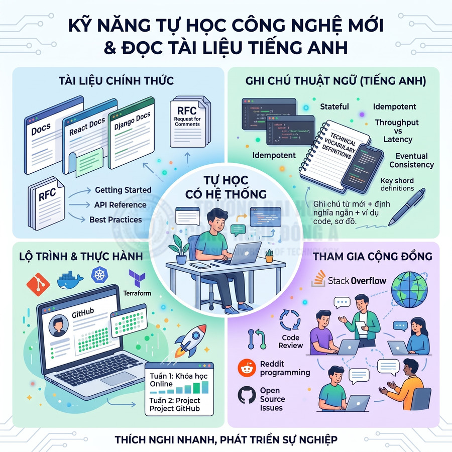 Infographic kỹ năng tự học công nghệ mới và đọc tài liệu tiếng Anh cho lập trình viên