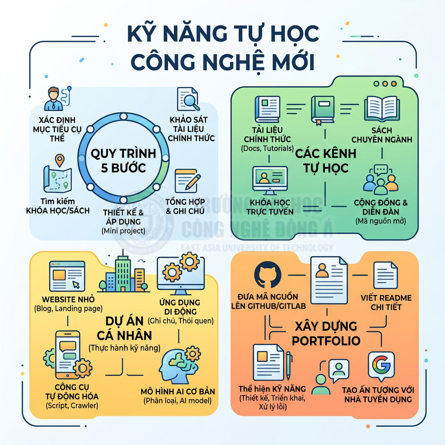 Infographic kỹ năng tự học công nghệ mới với quy trình 5 bước, kênh tự học, dự án cá nhân và xây dựng portfolio