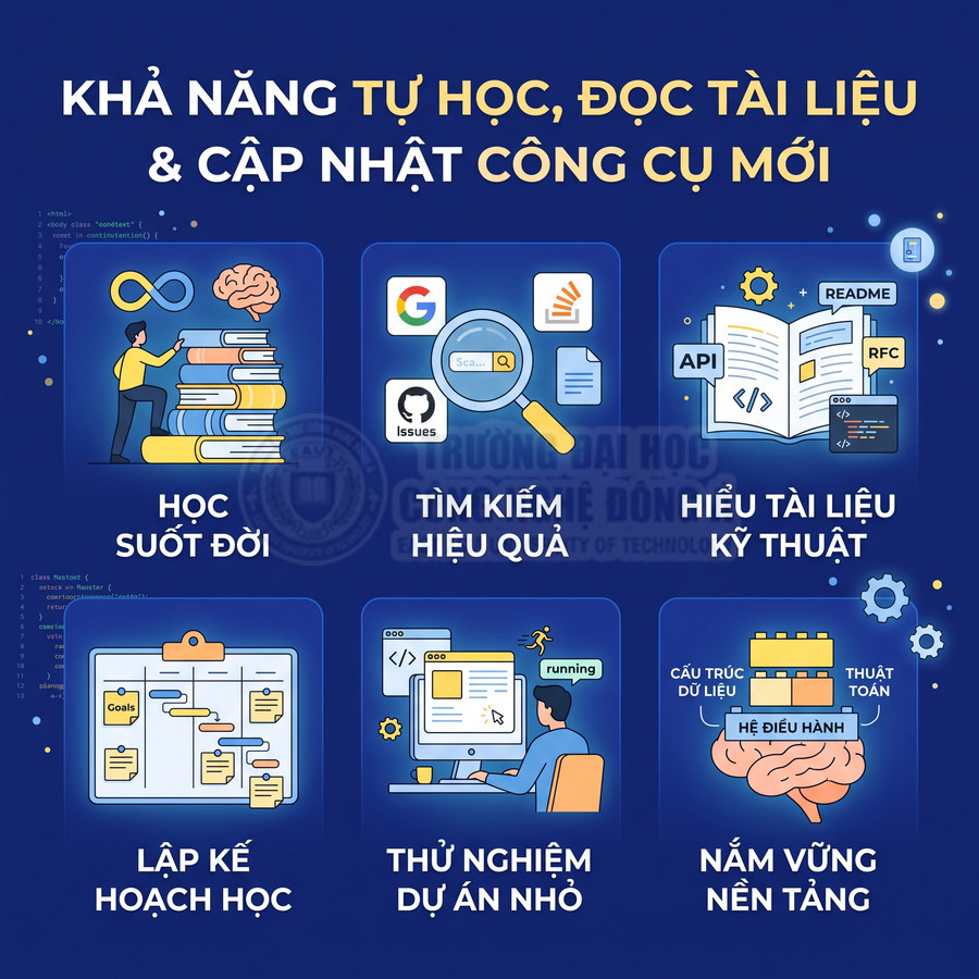 Poster kỹ năng tự học cho sinh viên IT với các mục học suốt đời, tìm kiếm hiệu quả, hiểu tài liệu kỹ thuật