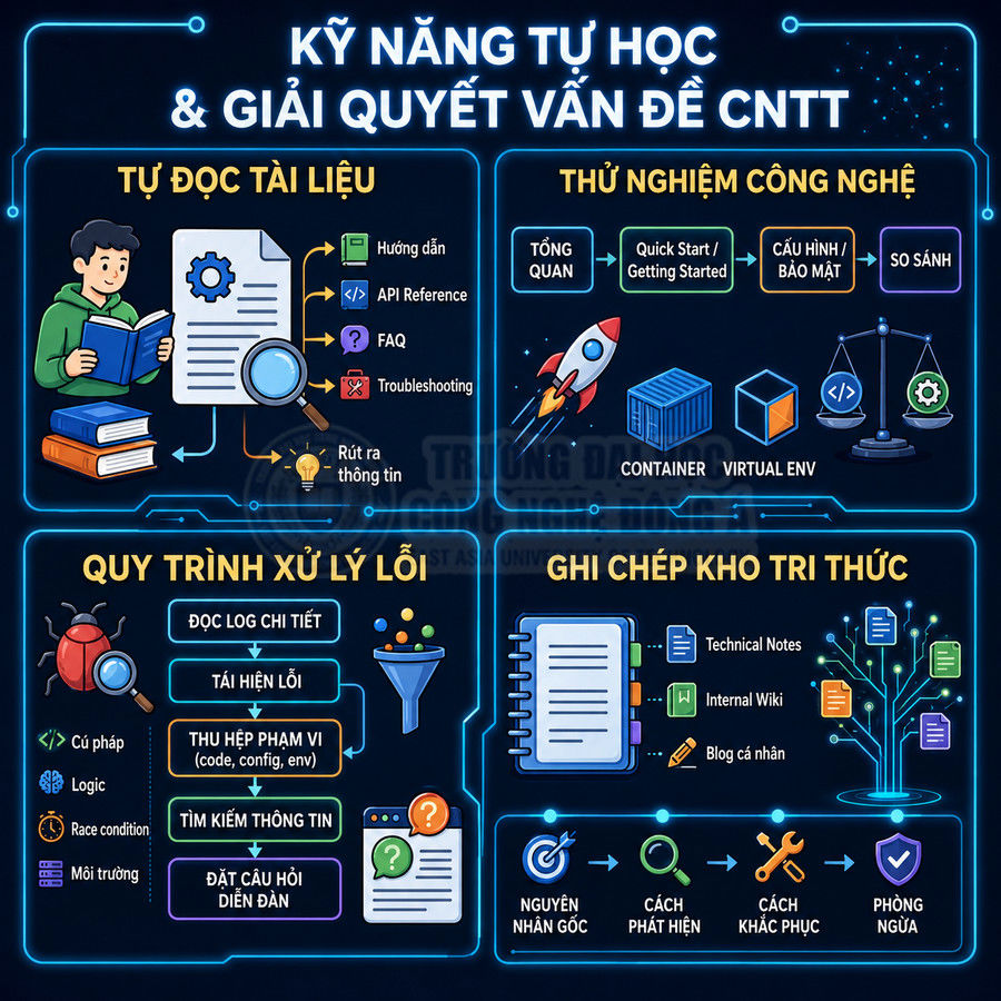 Infographic kỹ năng tự học và giải quyết vấn đề CNTT với các bước đọc tài liệu, thử nghiệm, xử lý lỗi và ghi chép tri thức