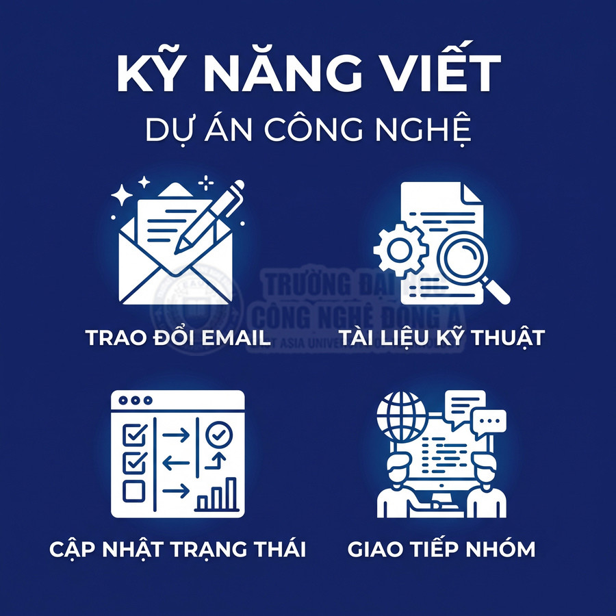 Kỹ năng viết trong dự án công nghệ gồm trao đổi email tài liệu kỹ thuật cập nhật trạng thái và giao tiếp nhóm