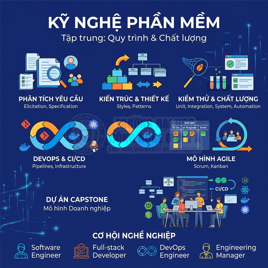 Tổng quan chương trình kỹ nghệ phần mềm với quy trình phân tích, thiết kế, kiểm thử, DevOps và cơ hội nghề nghiệp