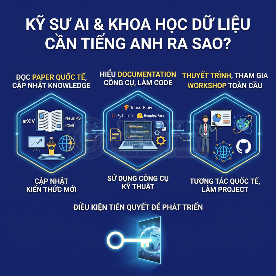 Infographic vai trò tiếng Anh cho kỹ sư AI và khoa học dữ liệu trong đọc tài liệu, dùng công cụ, làm project quốc tế