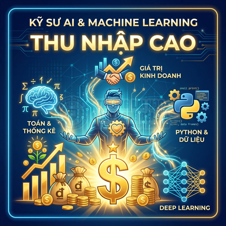 Poster giới thiệu nghề kỹ sư AI Machine Learning thu nhập cao với biểu tượng tiền, Python, deep learning và toán thống kê