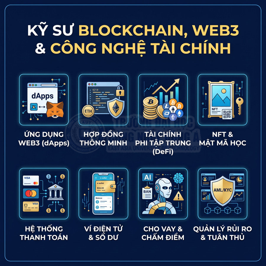 Các mảng kiến thức cho kỹ sư blockchain web3 và công nghệ tài chính như DeFi NFT ví điện tử và thanh toán