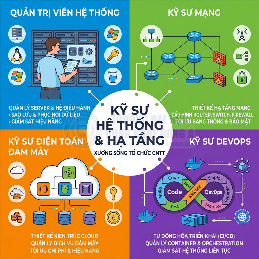 Infographic mô tả các vị trí kỹ sư hệ thống, mạng, điện toán đám mây và DevOps trong ngành CNTT