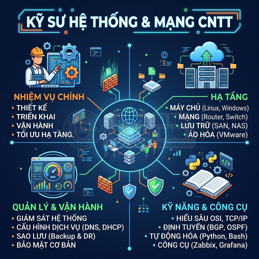 Mô tả công việc kỹ sư hệ thống và mạng CNTT với nhiệm vụ, hạ tầng, kỹ năng và công cụ minh họa trực quan