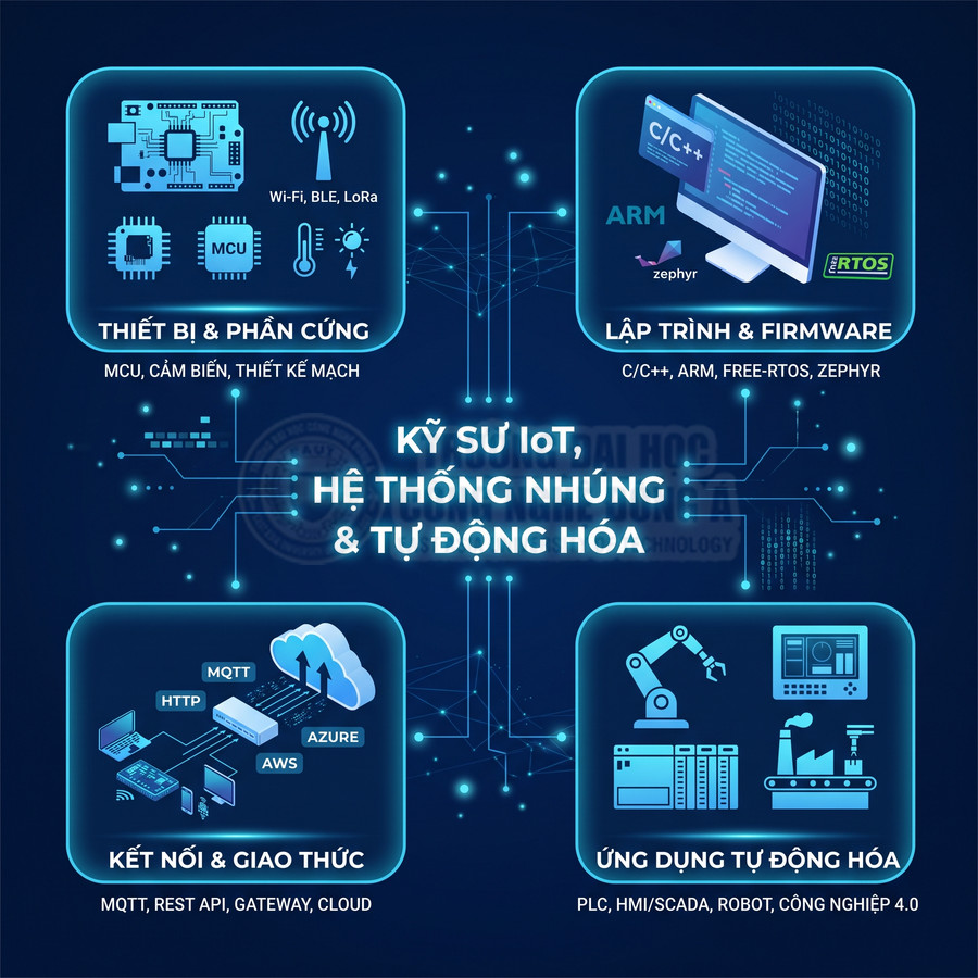 Sơ đồ kỹ năng kỹ sư IoT hệ thống nhúng và tự động hóa với phần cứng, lập trình, kết nối và ứng dụng công nghiệp