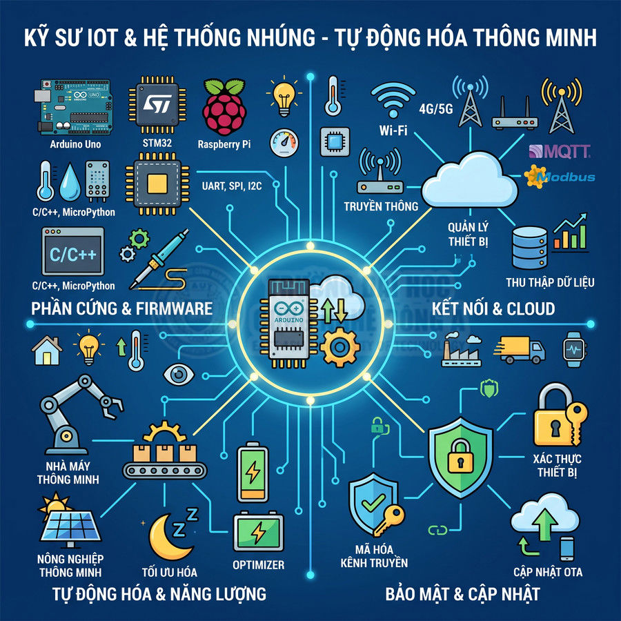 Mô hình hệ sinh thái IoT với Arduino, STM32, Raspberry Pi, kết nối cloud, bảo mật và tự động hóa thông minh