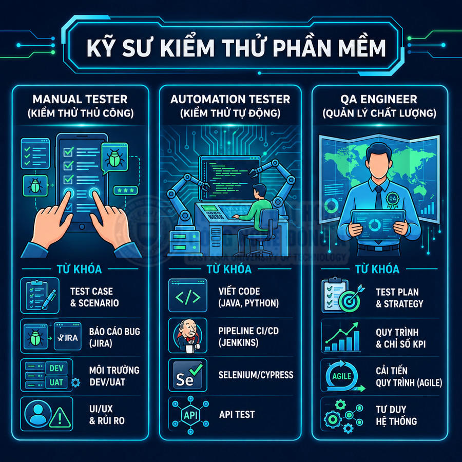 Infographic so sánh vai trò manual tester, automation tester và QA engineer trong kiểm thử phần mềm