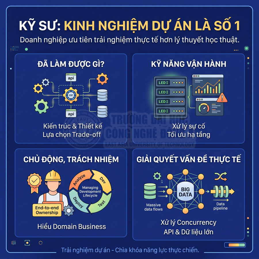 Infographic kỹ sư phần mềm nhấn mạnh kinh nghiệm dự án, kỹ năng vận hành, giải quyết vấn đề thực tế và trách nhiệm chủ động