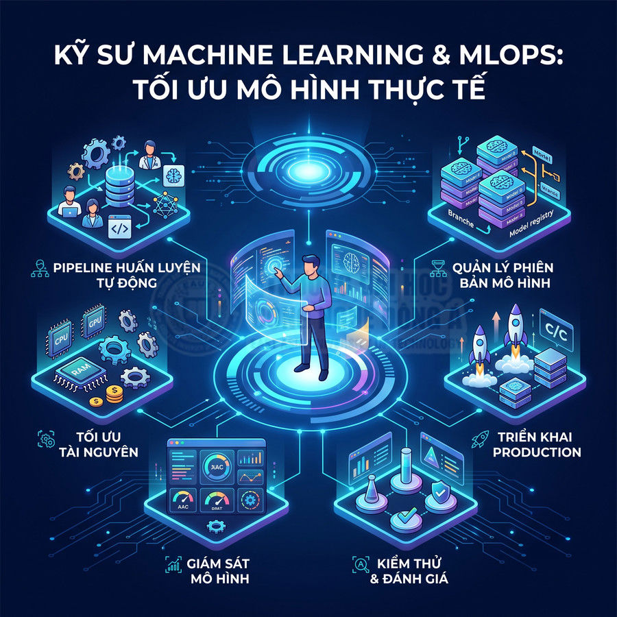 Minh họa quy trình làm việc của kỹ sư machine learning và MLOps tối ưu mô hình trong môi trường thực tế