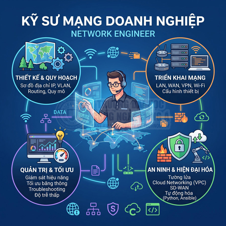 Mô tả công việc kỹ sư mạng doanh nghiệp với các nhiệm vụ thiết kế, triển khai, quản trị và bảo mật hệ thống mạng