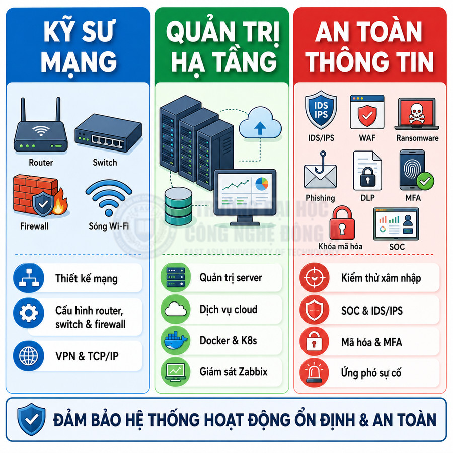 Infographic mô tả các mảng kỹ sư mạng, quản trị hạ tầng và an toàn thông tin trong quản lý hệ thống IT