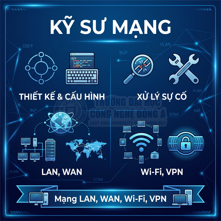 Mô tả nghề kỹ sư mạng với thiết kế cấu hình, xử lý sự cố, quản trị mạng LAN WAN WiFi VPN