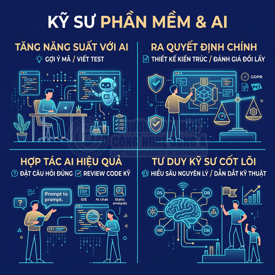 Infographic giới thiệu vai trò kỹ sư phần mềm và AI trong tăng năng suất, ra quyết định, hợp tác và tư duy cốt lõi