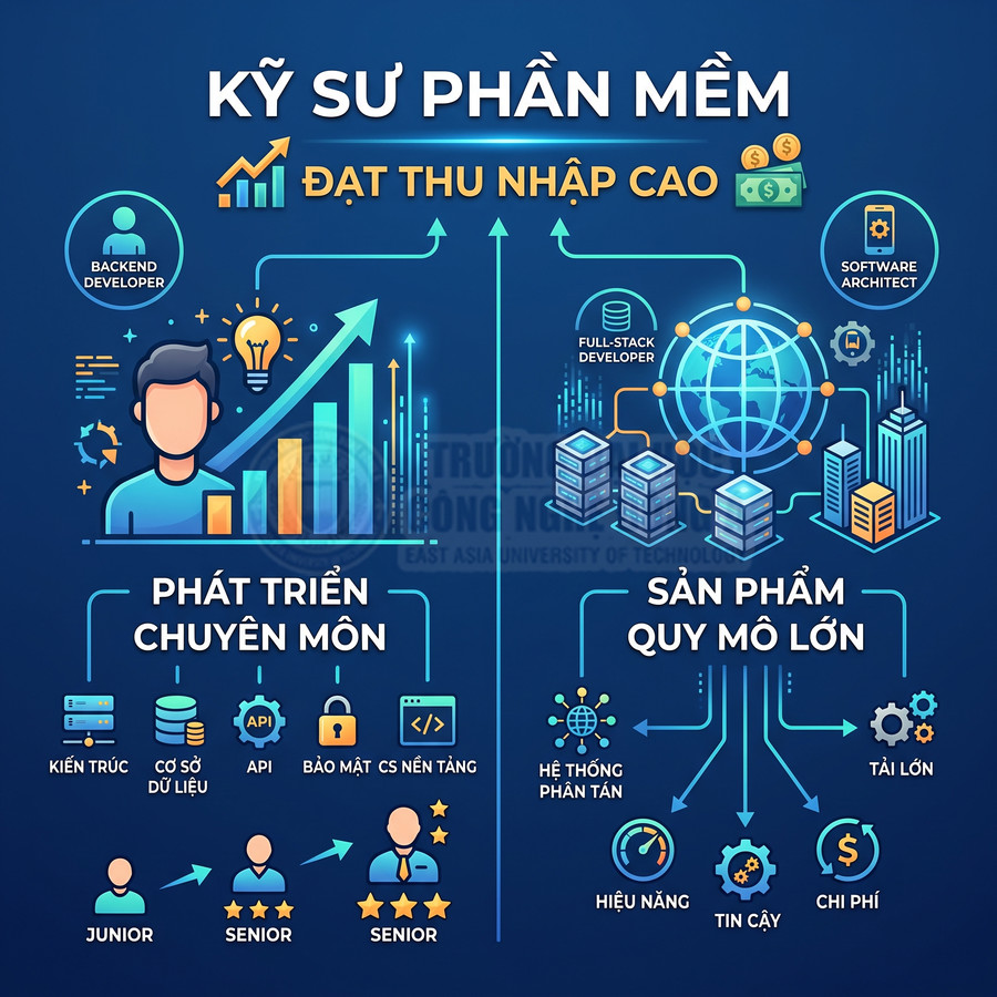 Infographic nghề kỹ sư phần mềm với lộ trình phát triển chuyên môn và tạo sản phẩm quy mô lớn thu nhập cao