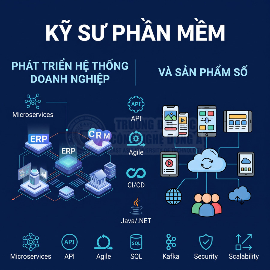 Mô tả nghề kỹ sư phần mềm phát triển hệ thống doanh nghiệp và sản phẩm số với microservices, API, cloud, CI/CD