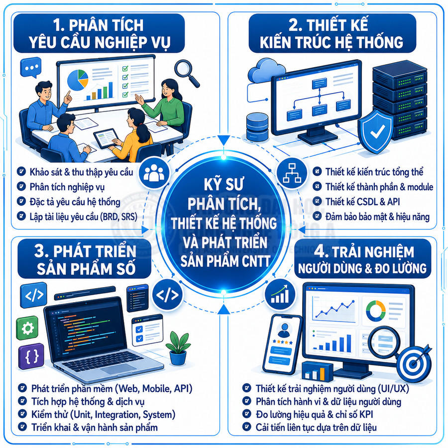 Quy trình làm việc của kỹ sư phân tích thiết kế và phát triển sản phẩm CNTT minh họa bằng đồ họa