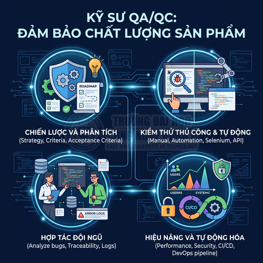 Mô tả vai trò kỹ sư QA QC với chiến lược kiểm thử, tự động hóa, hợp tác đội ngũ và tối ưu hiệu năng sản phẩm