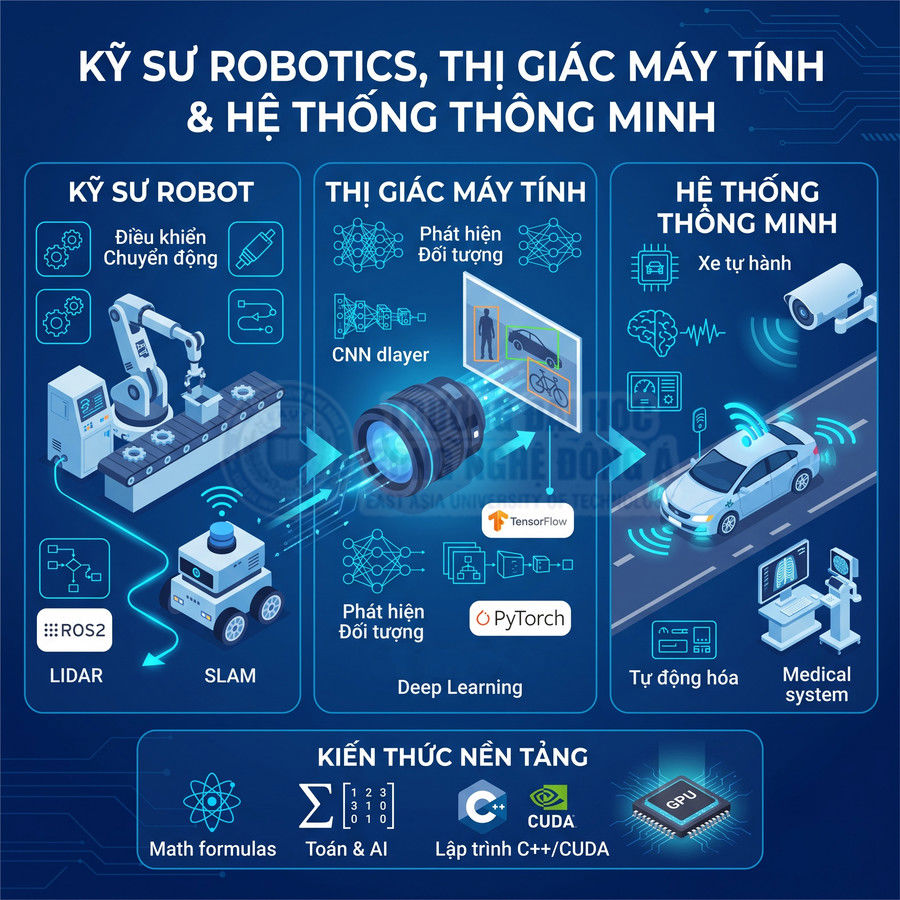 Infographic giới thiệu ngành kỹ sư robotics, thị giác máy tính và hệ thống thông minh với robot, xe tự hành, deep learning