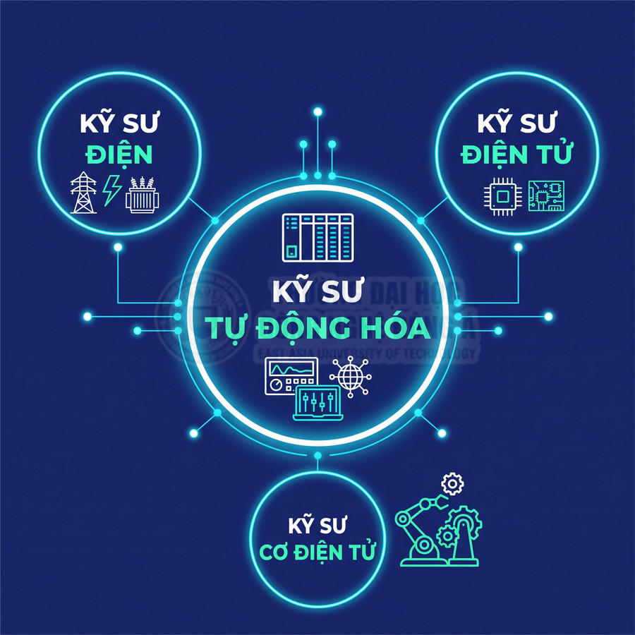 Đồ họa về kỹ sư tự động hóa, điện, điện tử và cơ điện tử với các biểu tượng công nghệ công nghiệp