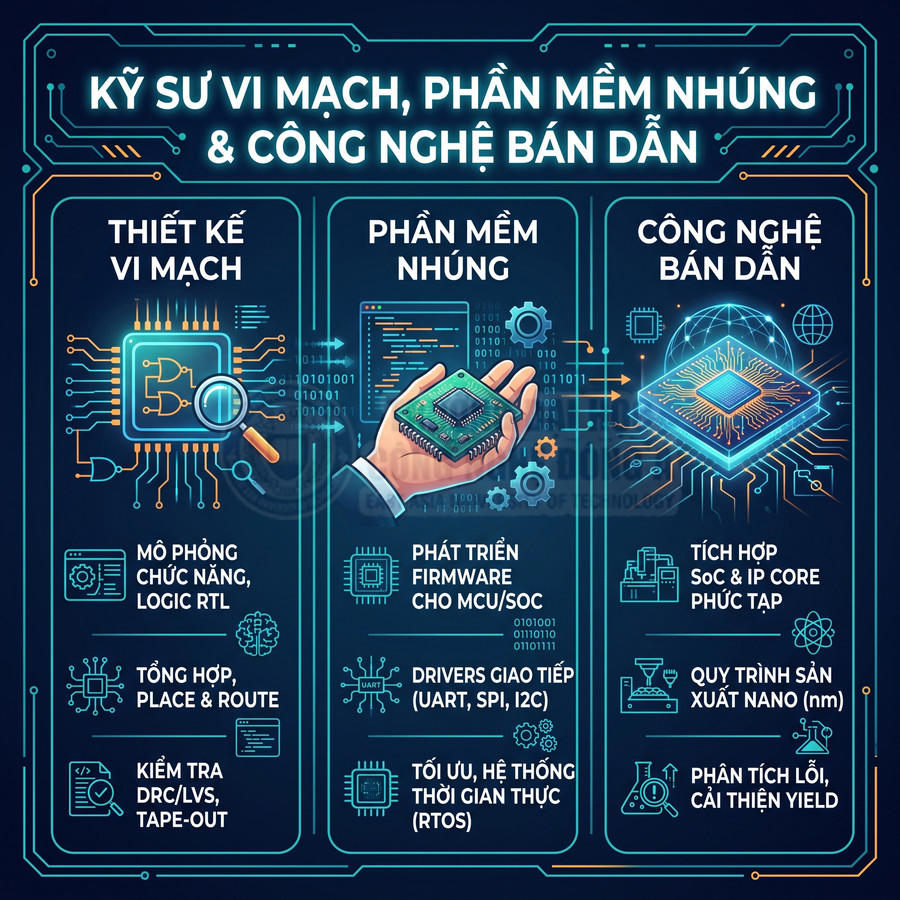 Infographic giới thiệu các mảng kỹ sư vi mạch, phần mềm nhúng và công nghệ bán dẫn với hình minh họa chip điện tử