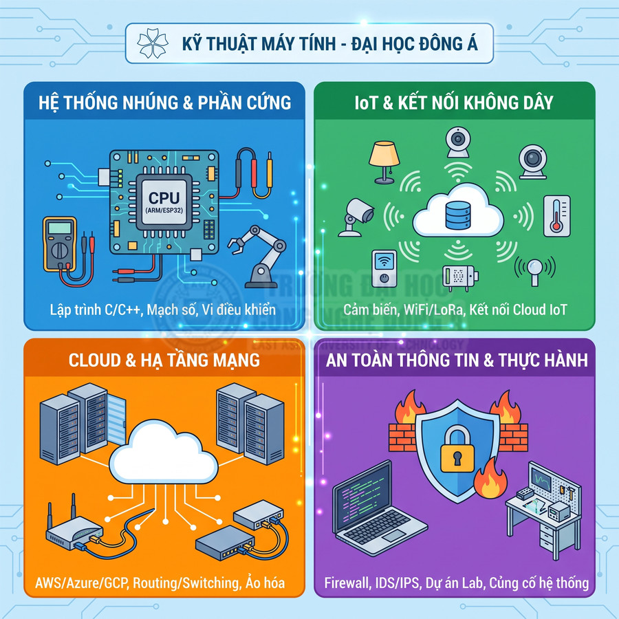 Infographic ngành Kỹ thuật máy tính Đại học Đông Á về nhúng, IoT, cloud, an toàn thông tin và thực hành lab